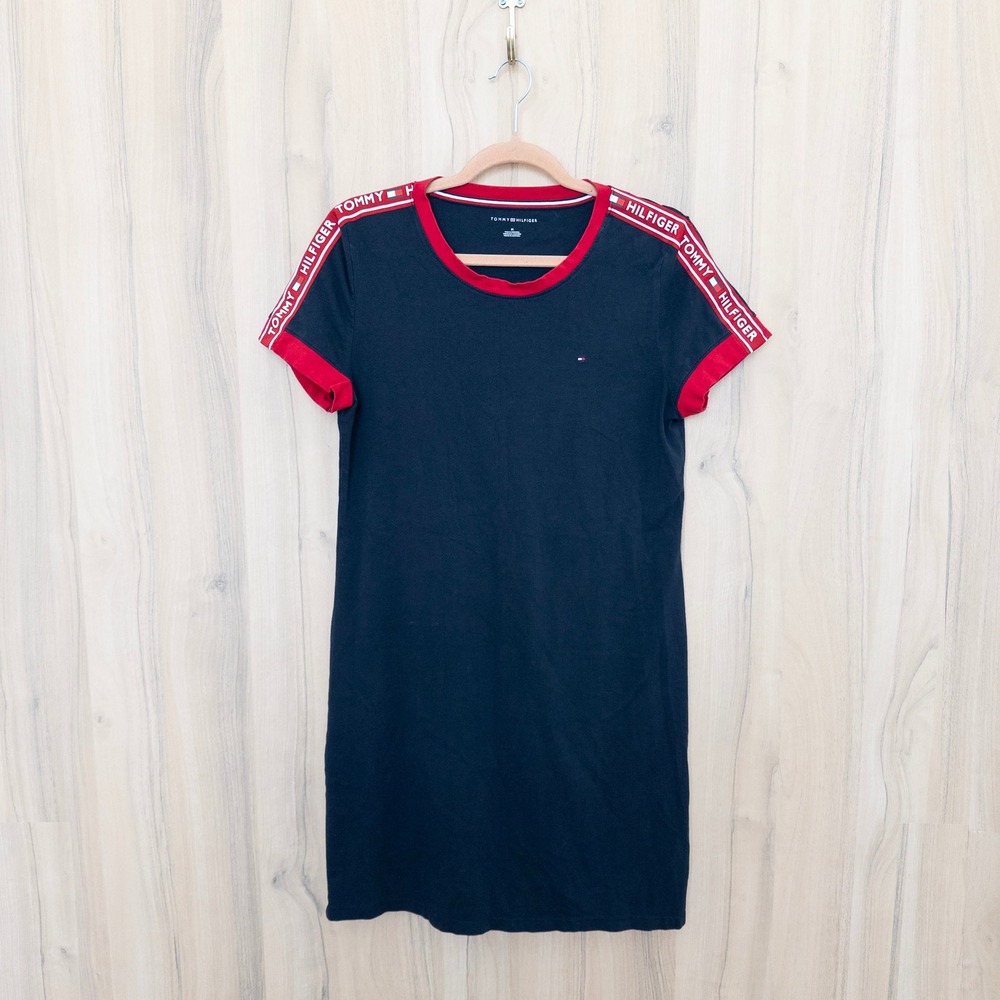Tommy Hilfiger T-Shirt Dress M Navy Logo Tape Sleeve Preppy Sporty  Athleisure